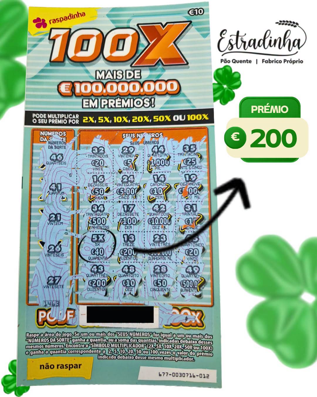 Raspadinha premiada com 200 € no Pão Quente Estradinha