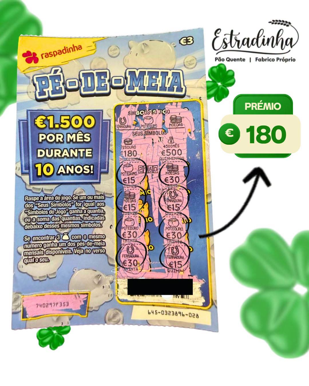 Raspadinha premiada com 180 € no Pão Quente Estradinha