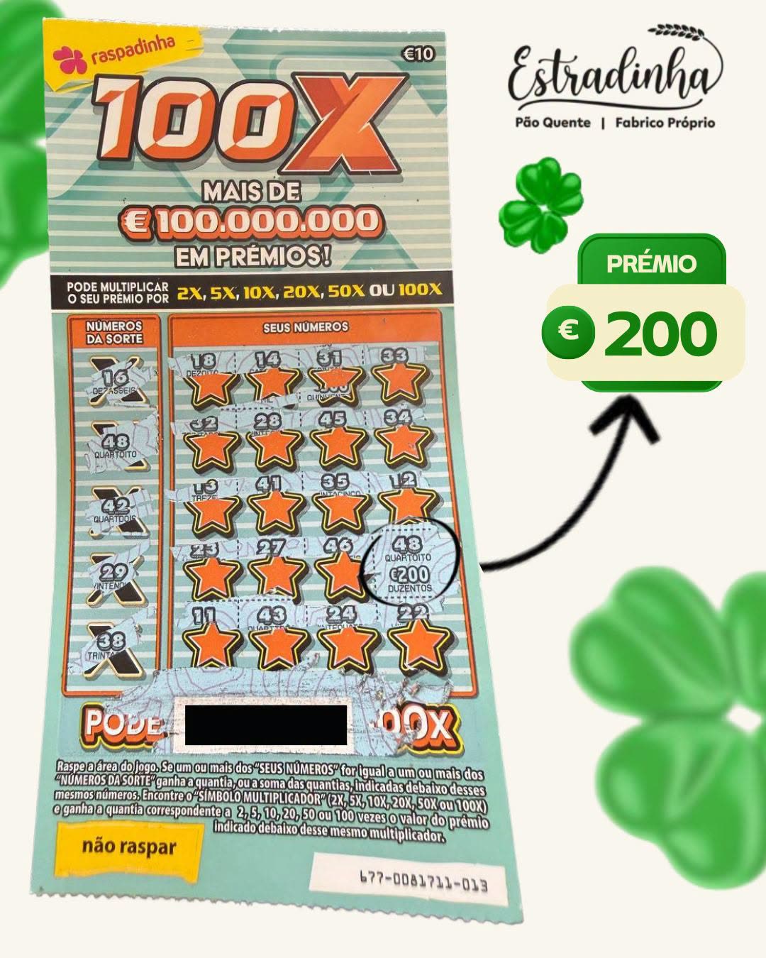 Raspadinha premiada com 200 € no Pão Quente Estradinha